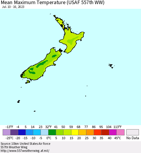 New Zealand Mean Maximum Temperature (USAF 557th WW) Thematic Map For 7/10/2023 - 7/16/2023