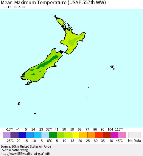 New Zealand Mean Maximum Temperature (USAF 557th WW) Thematic Map For 7/17/2023 - 7/23/2023