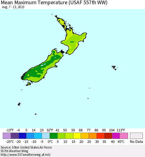 New Zealand Mean Maximum Temperature (USAF 557th WW) Thematic Map For 8/7/2023 - 8/13/2023