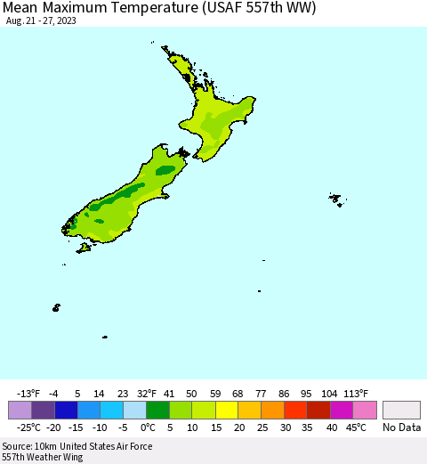 New Zealand Mean Maximum Temperature (USAF 557th WW) Thematic Map For 8/21/2023 - 8/27/2023