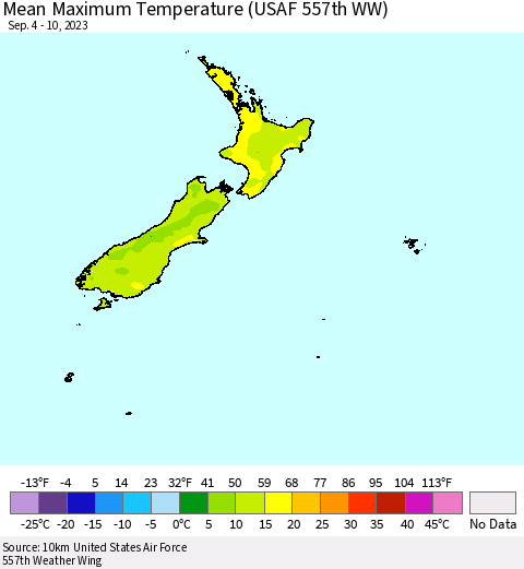 New Zealand Mean Maximum Temperature (USAF 557th WW) Thematic Map For 9/4/2023 - 9/10/2023