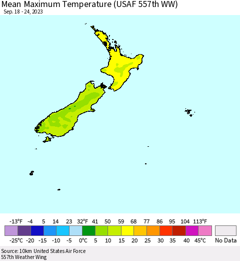 New Zealand Mean Maximum Temperature (USAF 557th WW) Thematic Map For 9/18/2023 - 9/24/2023