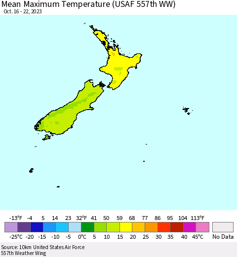 New Zealand Mean Maximum Temperature (USAF 557th WW) Thematic Map For 10/16/2023 - 10/22/2023