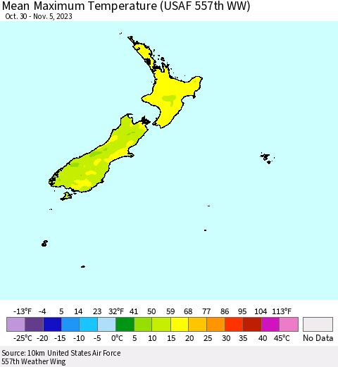 New Zealand Mean Maximum Temperature (USAF 557th WW) Thematic Map For 10/30/2023 - 11/5/2023
