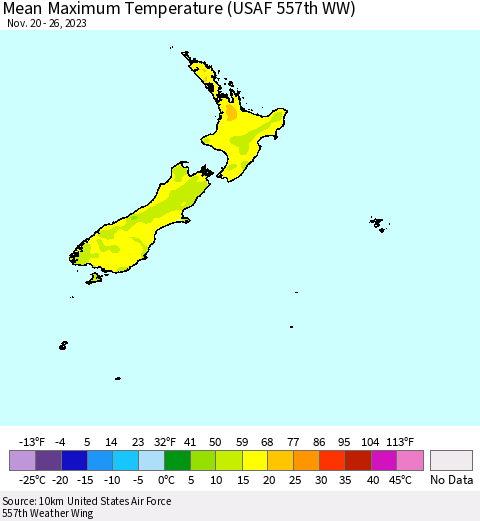 New Zealand Mean Maximum Temperature (USAF 557th WW) Thematic Map For 11/20/2023 - 11/26/2023