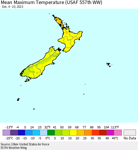 New Zealand Mean Maximum Temperature (USAF 557th WW) Thematic Map For 12/4/2023 - 12/10/2023