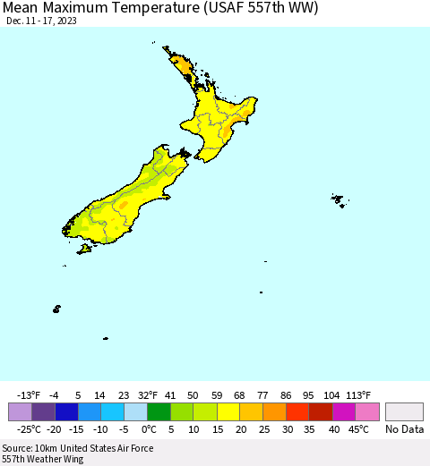 New Zealand Mean Maximum Temperature (USAF 557th WW) Thematic Map For 12/11/2023 - 12/17/2023