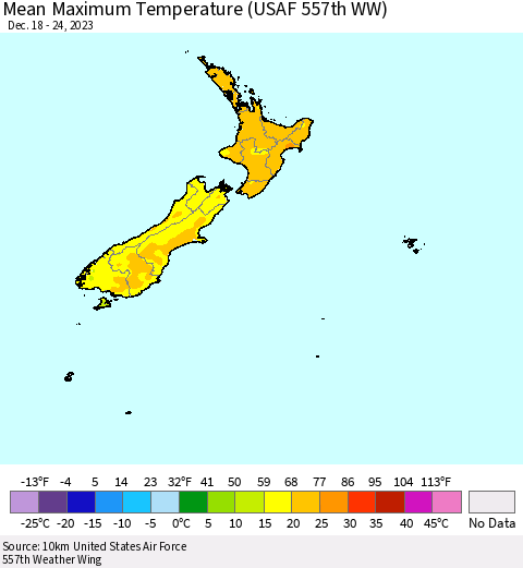 New Zealand Mean Maximum Temperature (USAF 557th WW) Thematic Map For 12/18/2023 - 12/24/2023
