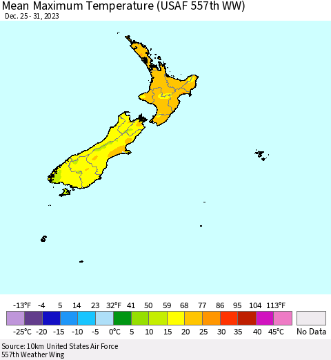 New Zealand Mean Maximum Temperature (USAF 557th WW) Thematic Map For 12/25/2023 - 12/31/2023
