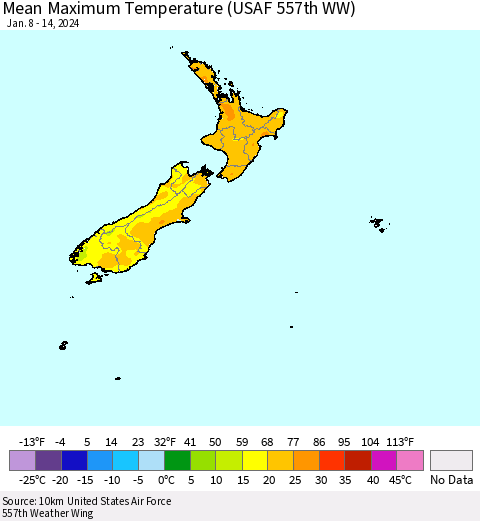 New Zealand Mean Maximum Temperature (USAF 557th WW) Thematic Map For 1/8/2024 - 1/14/2024