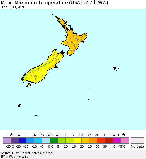 New Zealand Mean Maximum Temperature (USAF 557th WW) Thematic Map For 2/5/2024 - 2/11/2024