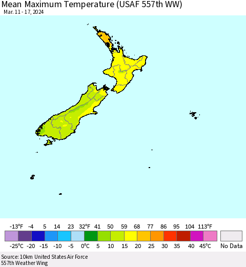 New Zealand Mean Maximum Temperature (USAF 557th WW) Thematic Map For 3/11/2024 - 3/17/2024
