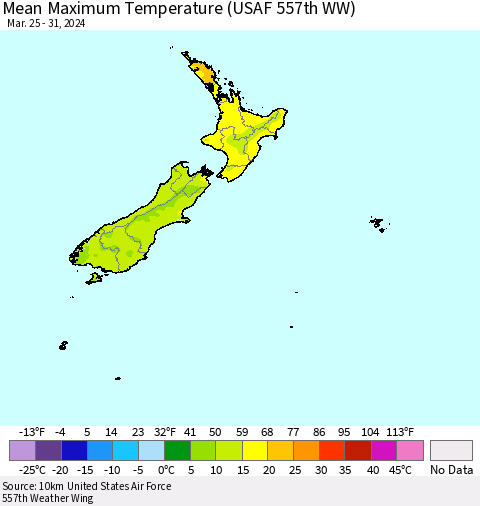 New Zealand Mean Maximum Temperature (USAF 557th WW) Thematic Map For 3/25/2024 - 3/31/2024