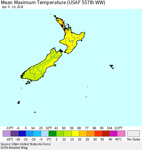 New Zealand Mean Maximum Temperature (USAF 557th WW) Thematic Map For 4/8/2024 - 4/14/2024