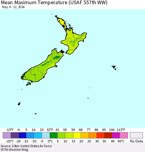New Zealand Mean Maximum Temperature (USAF 557th WW) Thematic Map For 5/6/2024 - 5/12/2024