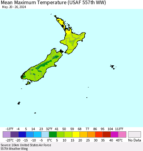 New Zealand Mean Maximum Temperature (USAF 557th WW) Thematic Map For 5/20/2024 - 5/26/2024