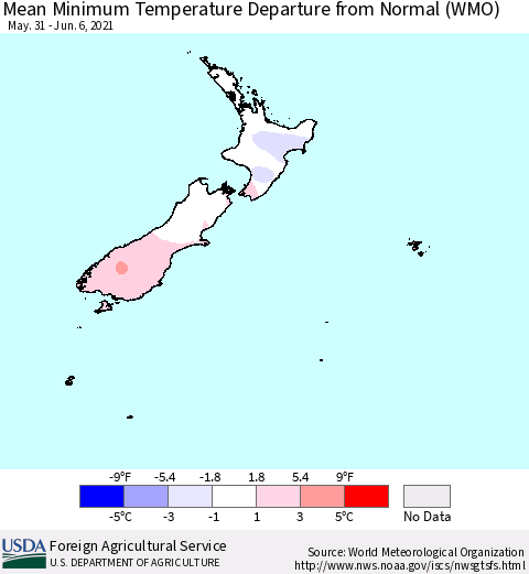 New Zealand Mean Minimum Temperature Departure from Normal (WMO) Thematic Map For 5/31/2021 - 6/6/2021