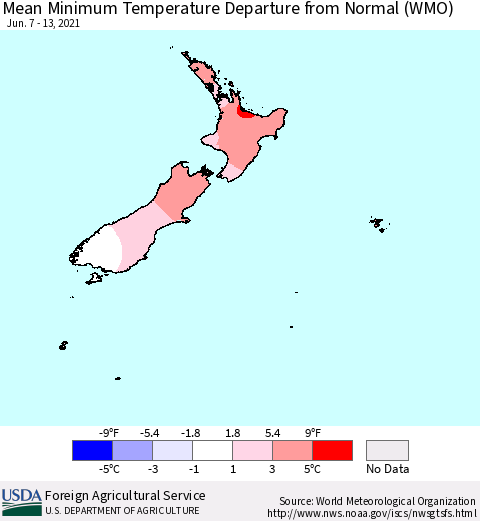New Zealand Mean Minimum Temperature Departure from Normal (WMO) Thematic Map For 6/7/2021 - 6/13/2021