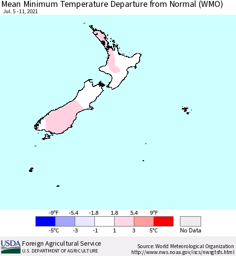 New Zealand Mean Minimum Temperature Departure from Normal (WMO) Thematic Map For 7/5/2021 - 7/11/2021