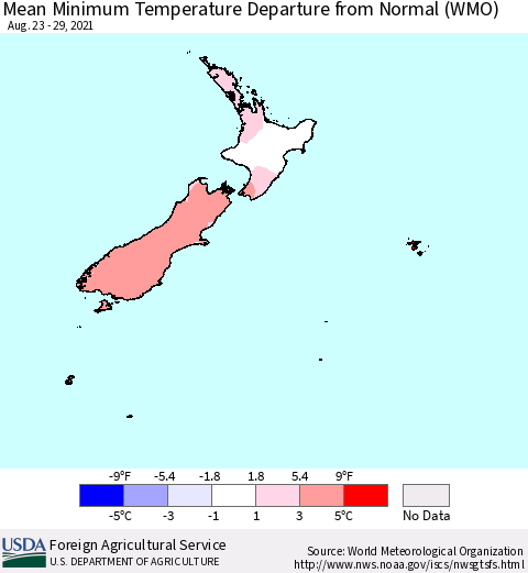 New Zealand Mean Minimum Temperature Departure from Normal (WMO) Thematic Map For 8/23/2021 - 8/29/2021
