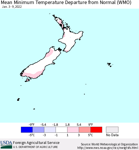 New Zealand Mean Minimum Temperature Departure from Normal (WMO) Thematic Map For 1/3/2022 - 1/9/2022