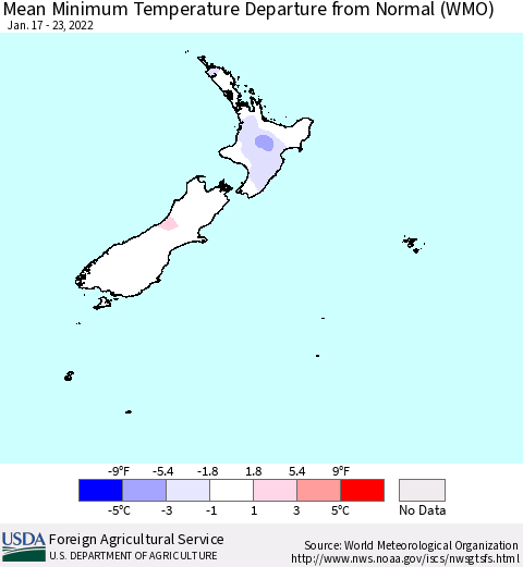 New Zealand Mean Minimum Temperature Departure from Normal (WMO) Thematic Map For 1/17/2022 - 1/23/2022