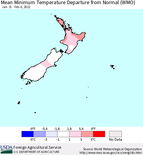 New Zealand Mean Minimum Temperature Departure from Normal (WMO) Thematic Map For 1/31/2022 - 2/6/2022
