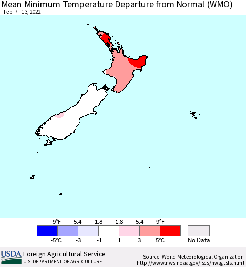 New Zealand Mean Minimum Temperature Departure from Normal (WMO) Thematic Map For 2/7/2022 - 2/13/2022