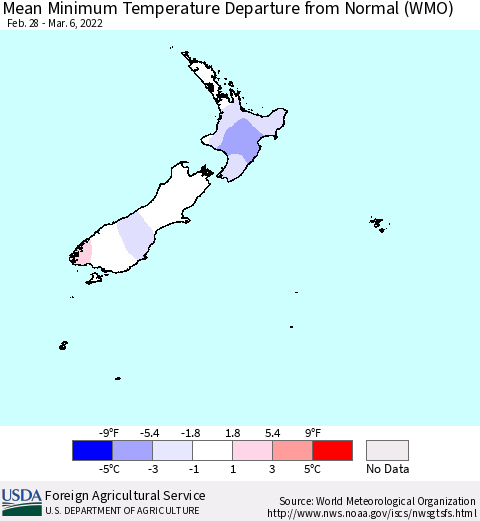 New Zealand Mean Minimum Temperature Departure from Normal (WMO) Thematic Map For 2/28/2022 - 3/6/2022