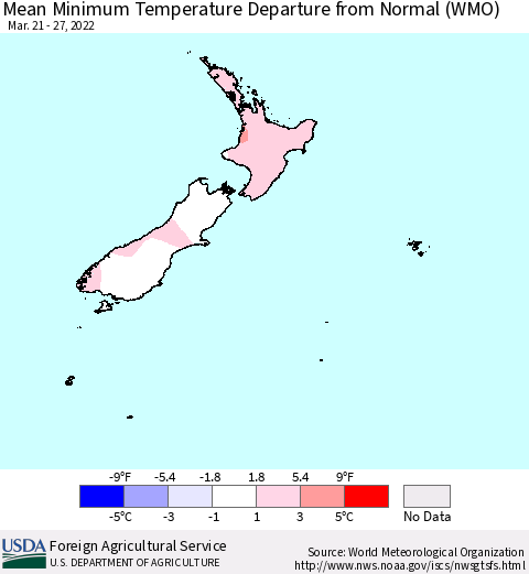 New Zealand Mean Minimum Temperature Departure from Normal (WMO) Thematic Map For 3/21/2022 - 3/27/2022