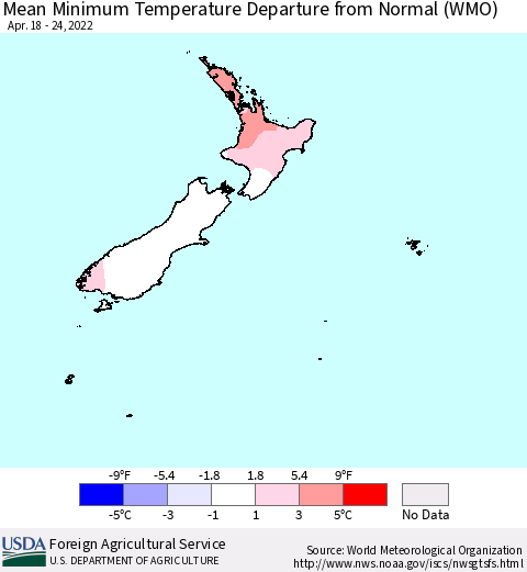 New Zealand Mean Minimum Temperature Departure from Normal (WMO) Thematic Map For 4/18/2022 - 4/24/2022