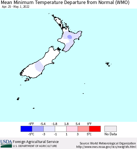 New Zealand Mean Minimum Temperature Departure from Normal (WMO) Thematic Map For 4/25/2022 - 5/1/2022