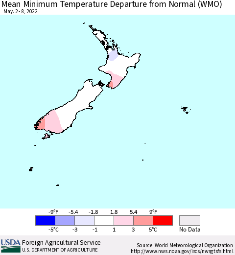 New Zealand Mean Minimum Temperature Departure from Normal (WMO) Thematic Map For 5/2/2022 - 5/8/2022