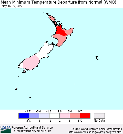 New Zealand Mean Minimum Temperature Departure from Normal (WMO) Thematic Map For 5/16/2022 - 5/22/2022