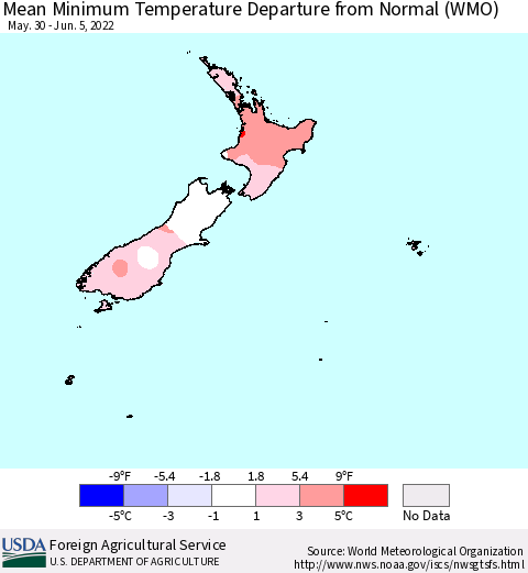 New Zealand Mean Minimum Temperature Departure from Normal (WMO) Thematic Map For 5/30/2022 - 6/5/2022