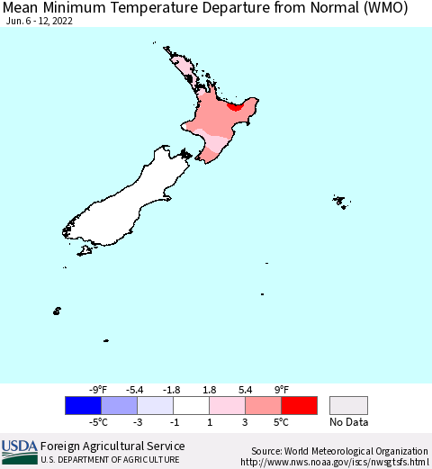 New Zealand Mean Minimum Temperature Departure from Normal (WMO) Thematic Map For 6/6/2022 - 6/12/2022