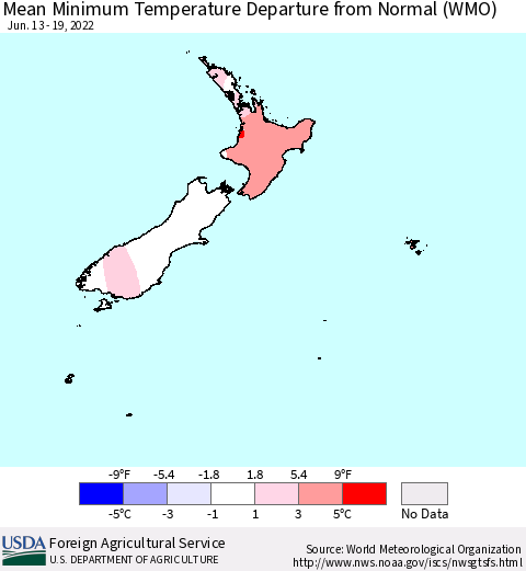 New Zealand Mean Minimum Temperature Departure from Normal (WMO) Thematic Map For 6/13/2022 - 6/19/2022