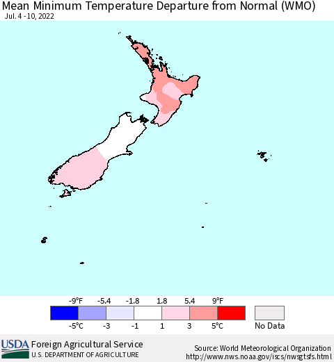 New Zealand Mean Minimum Temperature Departure from Normal (WMO) Thematic Map For 7/4/2022 - 7/10/2022