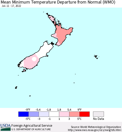 New Zealand Mean Minimum Temperature Departure from Normal (WMO) Thematic Map For 7/11/2022 - 7/17/2022