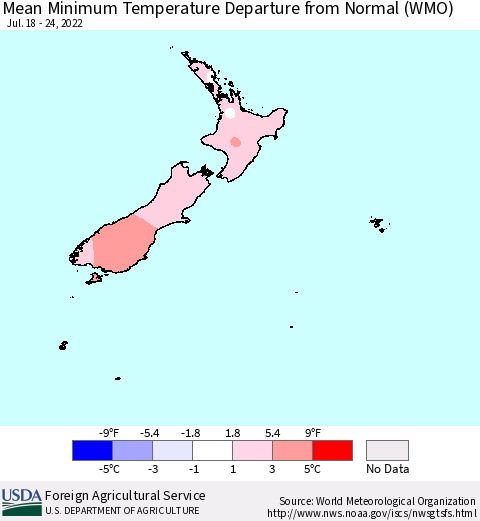 New Zealand Mean Minimum Temperature Departure from Normal (WMO) Thematic Map For 7/18/2022 - 7/24/2022