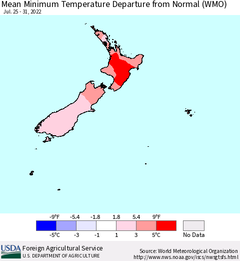 New Zealand Mean Minimum Temperature Departure from Normal (WMO) Thematic Map For 7/25/2022 - 7/31/2022