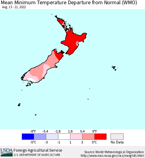 New Zealand Mean Minimum Temperature Departure from Normal (WMO) Thematic Map For 8/15/2022 - 8/21/2022