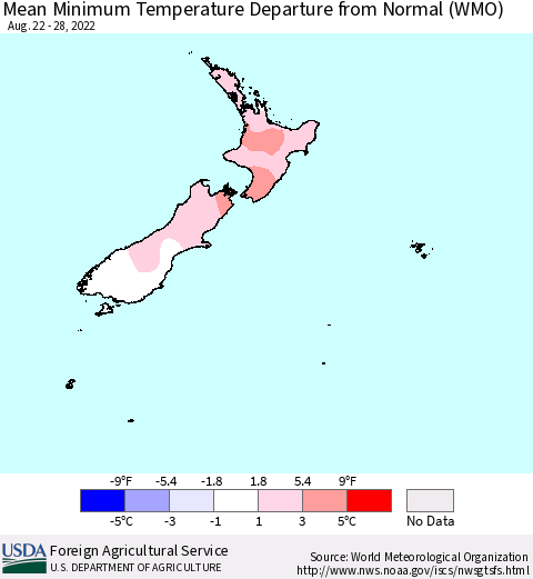 New Zealand Mean Minimum Temperature Departure from Normal (WMO) Thematic Map For 8/22/2022 - 8/28/2022