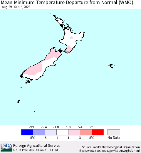 New Zealand Mean Minimum Temperature Departure from Normal (WMO) Thematic Map For 8/29/2022 - 9/4/2022