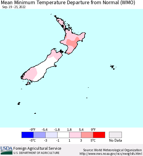 New Zealand Mean Minimum Temperature Departure from Normal (WMO) Thematic Map For 9/19/2022 - 9/25/2022