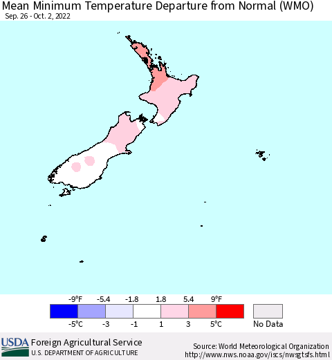 New Zealand Mean Minimum Temperature Departure from Normal (WMO) Thematic Map For 9/26/2022 - 10/2/2022