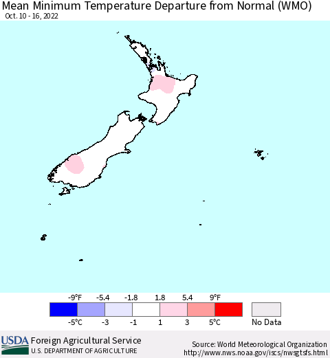 New Zealand Mean Minimum Temperature Departure from Normal (WMO) Thematic Map For 10/10/2022 - 10/16/2022