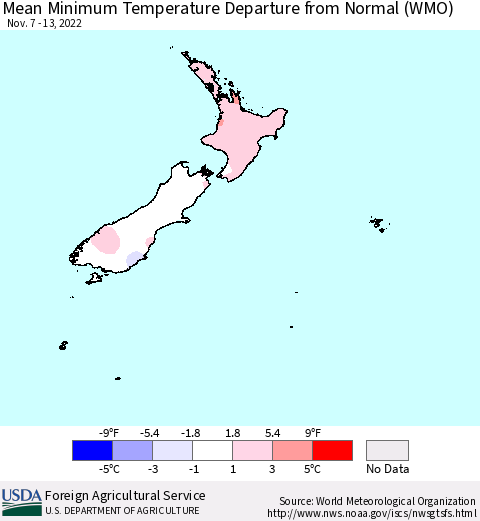 New Zealand Mean Minimum Temperature Departure from Normal (WMO) Thematic Map For 11/7/2022 - 11/13/2022
