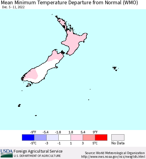 New Zealand Mean Minimum Temperature Departure from Normal (WMO) Thematic Map For 12/5/2022 - 12/11/2022