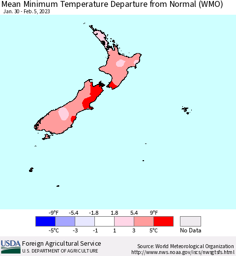 New Zealand Mean Minimum Temperature Departure from Normal (WMO) Thematic Map For 1/30/2023 - 2/5/2023